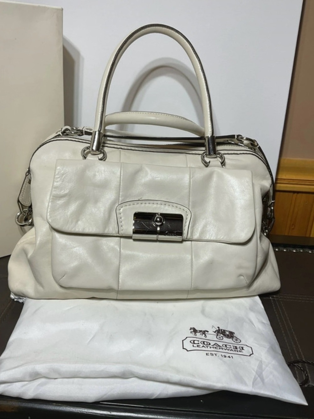 Coach Cream Leather Quilted Satchel with Silver Hardware